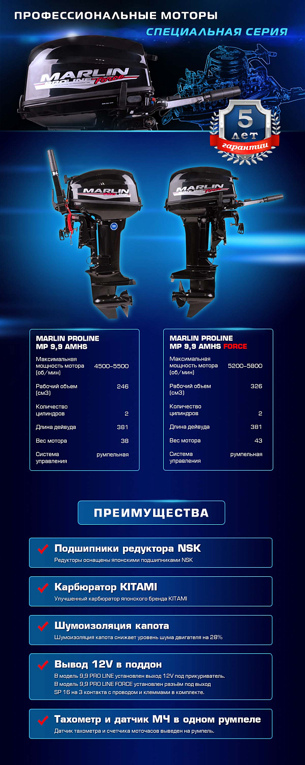 Лодочный мотор MARLIN PROLINE MP 9.9 (20) AMHS FORCE в Липецке